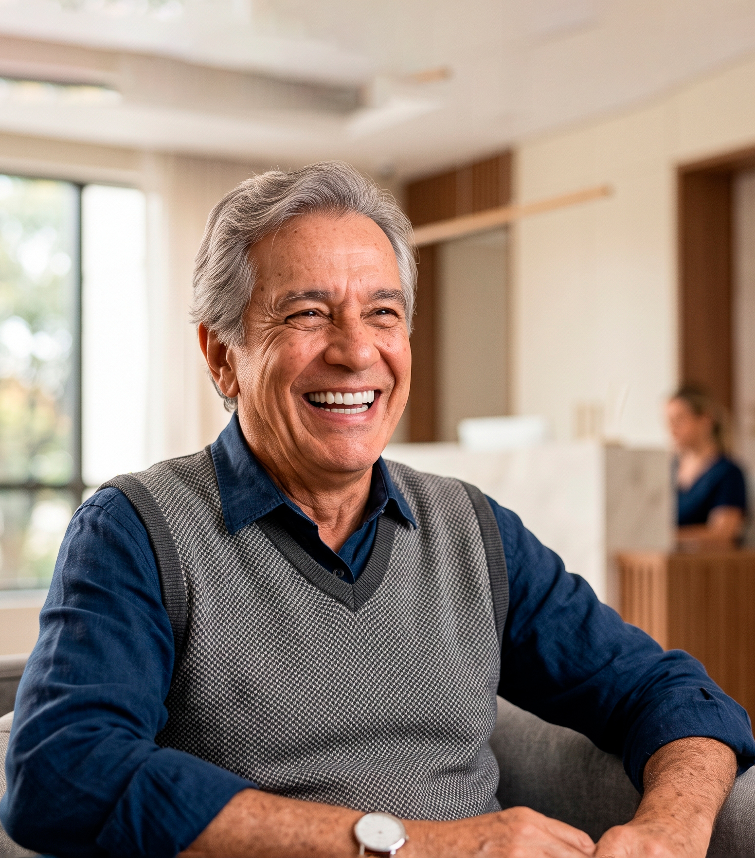 Paciente idoso sorrindo com confiança após tratamento na OdontoCompany Lajinha